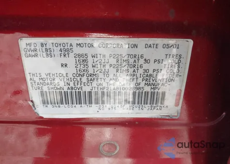 2001 Toyota Highlander V6 z USA, uszkodzony, nr VIN JTEHF21A810028985